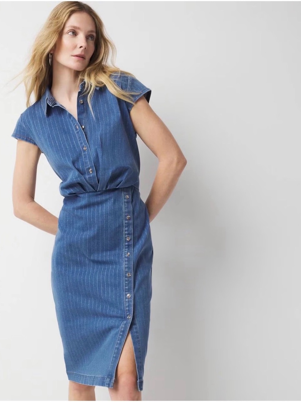 White House Black Market Blue Pinstripe Denim Shirt Sheath Dress